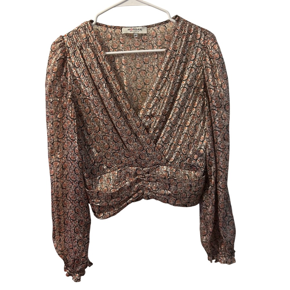 Y2K Morgan de Toi Floral Metallic Blouse Smocked Waist EU 38 S Romantic Boho - Picture 2 of 8